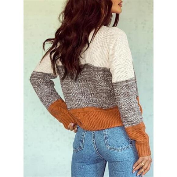 Women's Long Sleeve Color Block Sweater Crewneck Pullover Knit Jumper Top - Picture 3 of 7